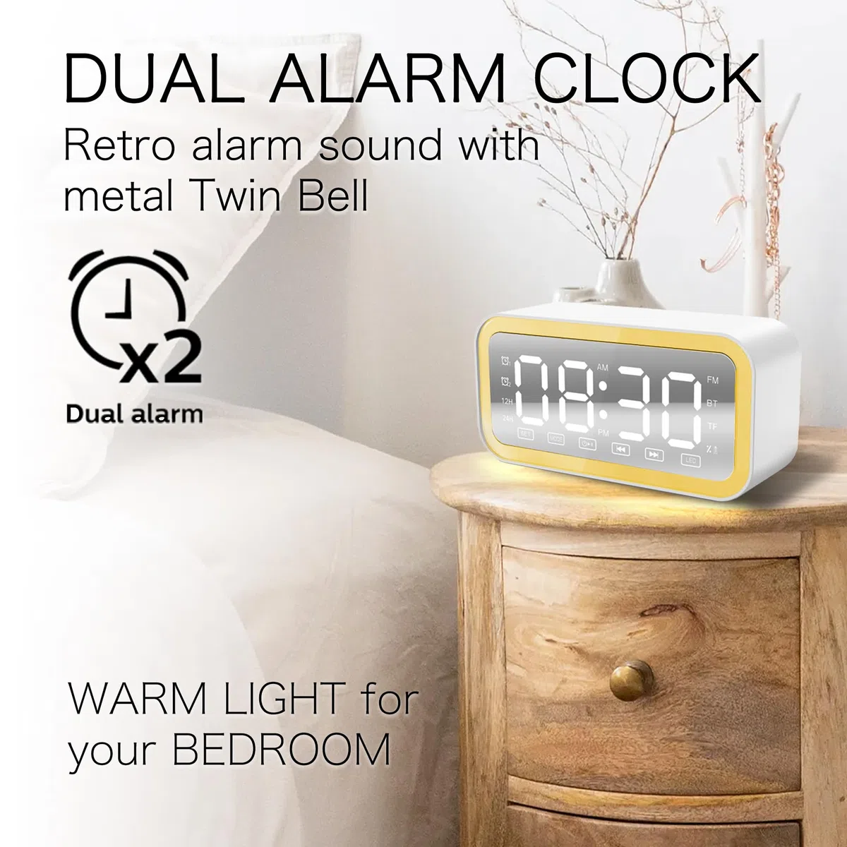 Sveglia digitale da comodino, cassa bluetooth potente, LED, radiosveglia FM, doppio allarme, per bambini adolescenti e adulti (Bianco)