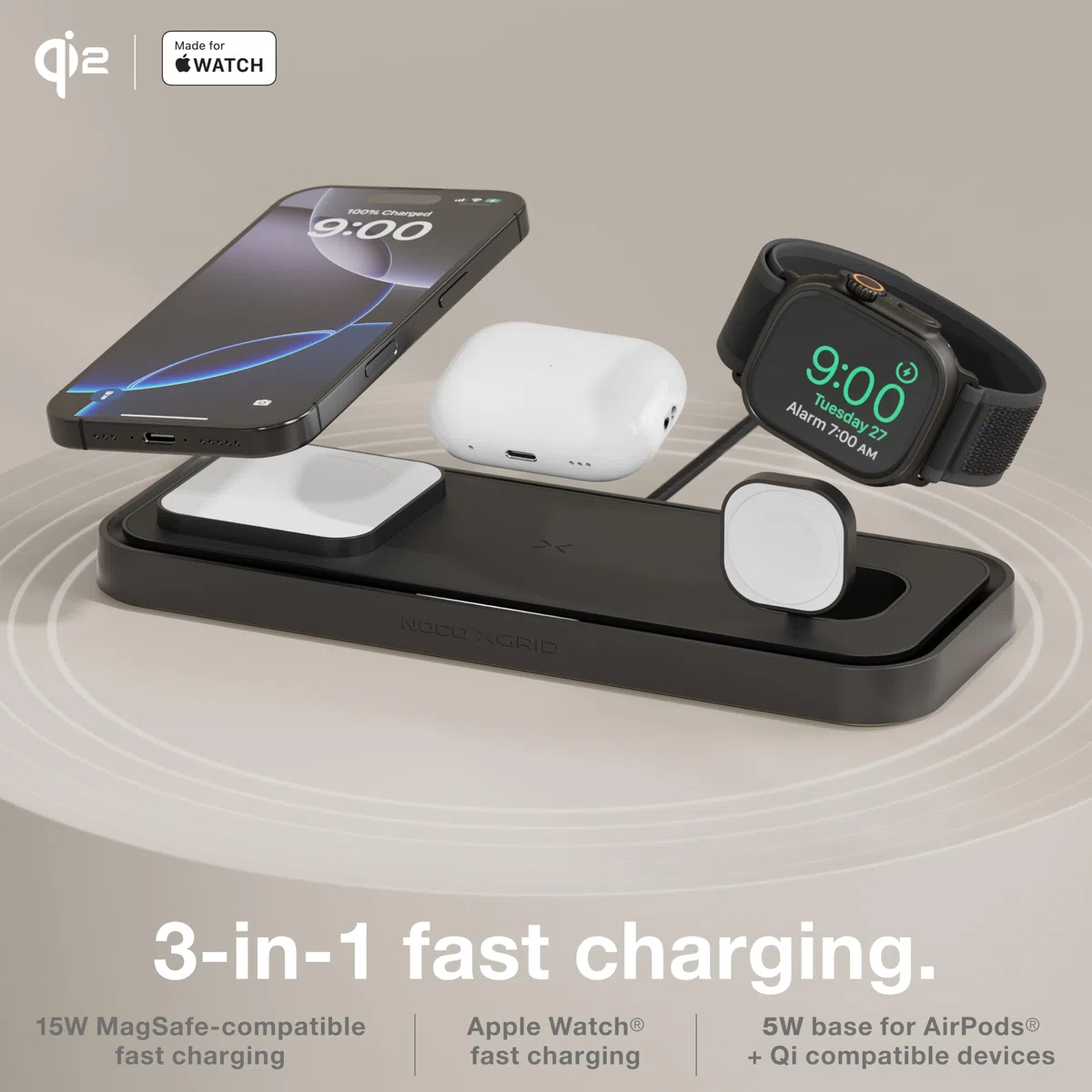 NOCO XGrid XDP3: Base di Ricarica Wireless 3-in-1 – Stazione di Ricarica per iPhone, Apple Watch e AirPods – Compatibile MagSafe, Certificata Qi2 – Con Caricatore USB-C 45W e Cavo da 2m