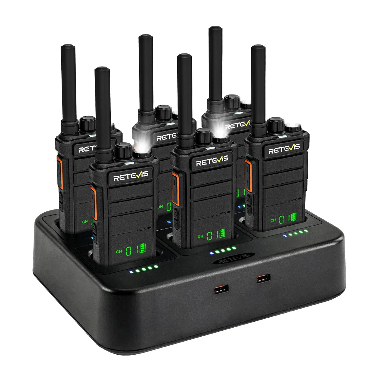 Retevis RB626H Walkie Talkie Lungo Raggio, Ricetrasmittenti Professionali Caricatore a 6 Vie 2000mAh, con Schermo, VOX, llarme di Emergenza Walkie Talkie Portatile per Sicurezza,Scuola(Nero,6 Pezzi)