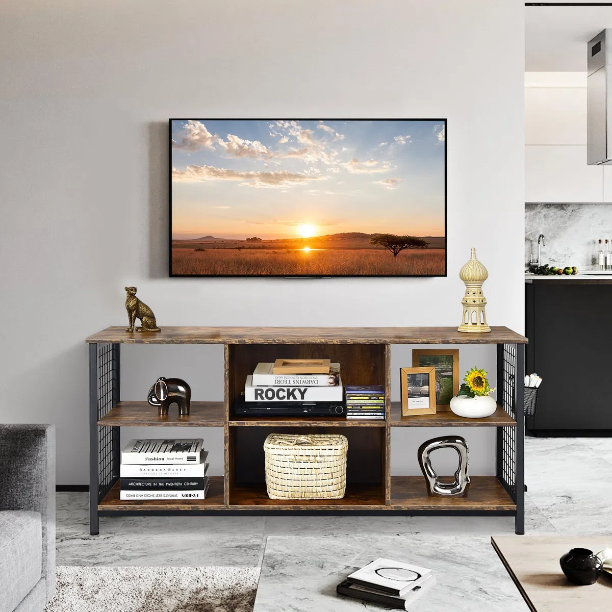 COSTWAY Mobile TV Industriale Fino a 65", Tavolo Multimediale a 3 Ripiani con Cesto Portaoggetti, Mobile TV in Legno con 2 Fori per La Gestione dei Cavi, 140 x 40 x 63 cm