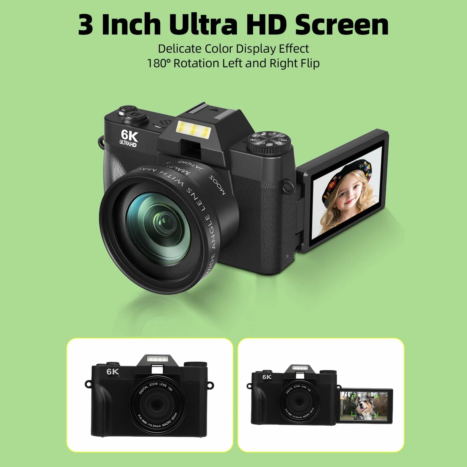 Annadue Fotocamera Digitale per Fotografia, Videocamica da 6k da 64 MP con Schermata di Lancio da 3,0 Pollici, Zoom Digitale 16x, Fotocamera Mirrorless Autofocus per Fotografia (BLACK)