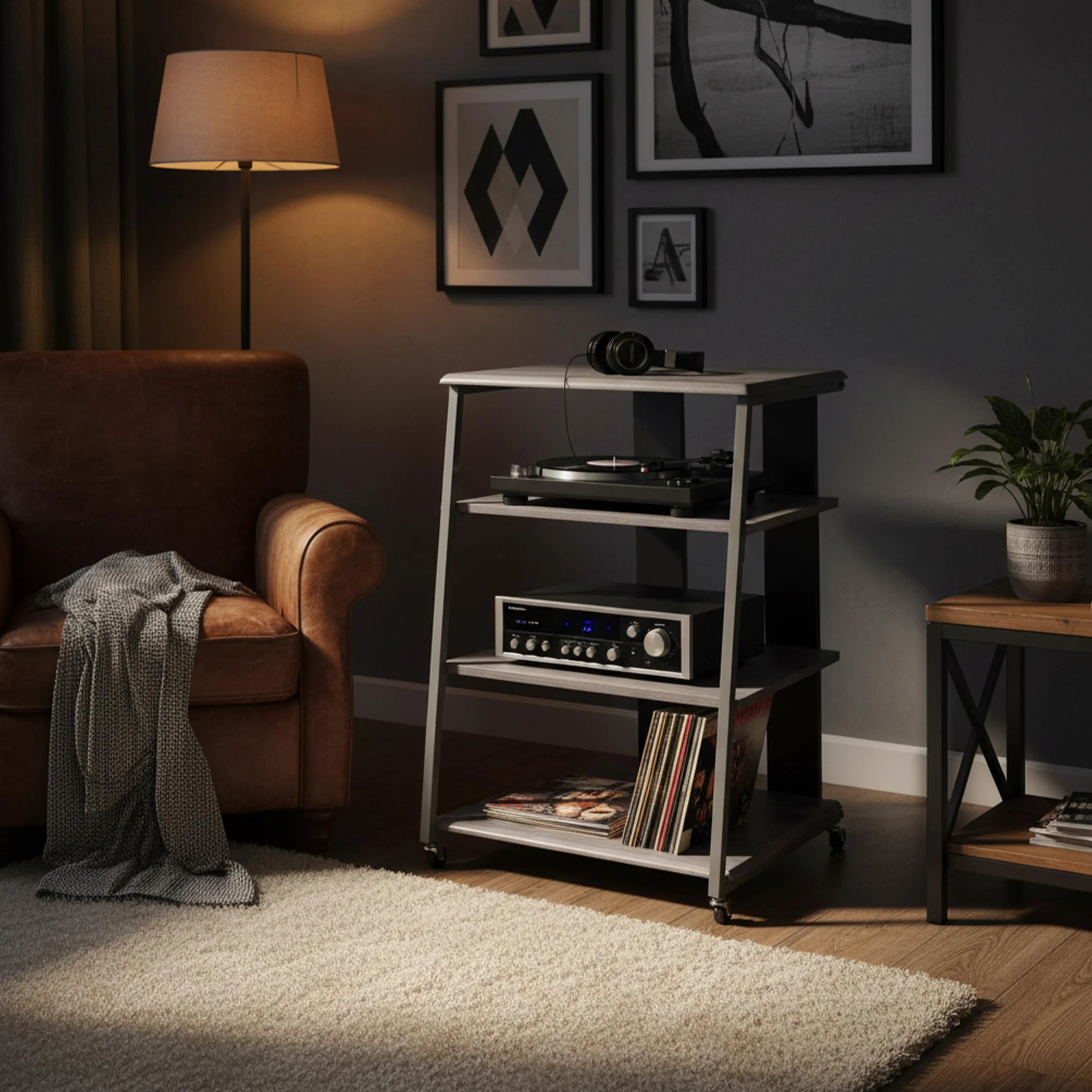 Relaxdays HiFi-Rack, 4 Ripiani per Giradischi e Stereo, Ferro/MDF, 78x61x52 cm, scaffale multimediale Grigio