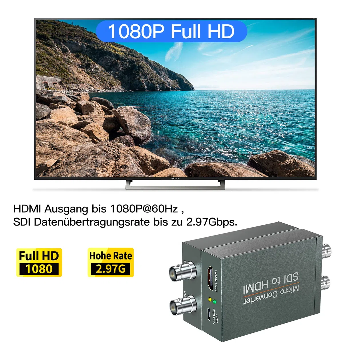 Convertitore da SDI a HDMI, da SDI a HDMI con SDI Loop Out, 1080p HD / 3G / SD-SDI a HDTV Video Audio Convertitore Adattatore BNC a HDTV per Fotocamera Monitor Proiettore