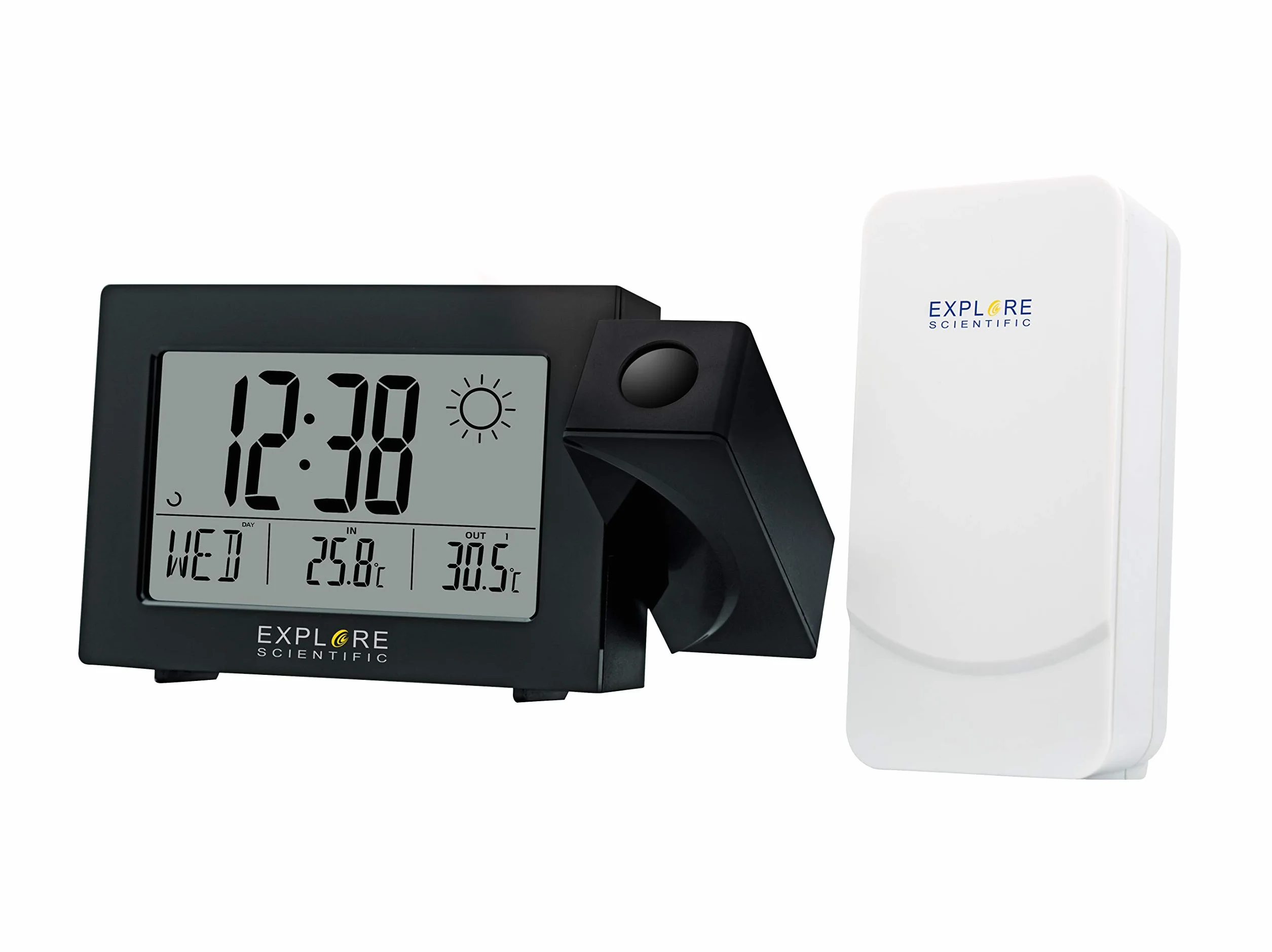 Explore Scientific RPW3008, Orologio a proiezione con ora radiocomandata e previsioni metero, Doppio allarme, Porta USB per ricaricare il telefono, Sensore per temperatura interna incluso, Nero