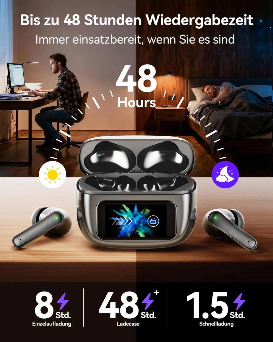 Cuffie wireless Bluetooth 5.4, auricolari in-ear con display touch screen, microfono ANC & ENC, 5 modalità EQ, suono stereo HiFi, 48 ore di riproduzione, impermeabilità IPX7, per iPhone e Android