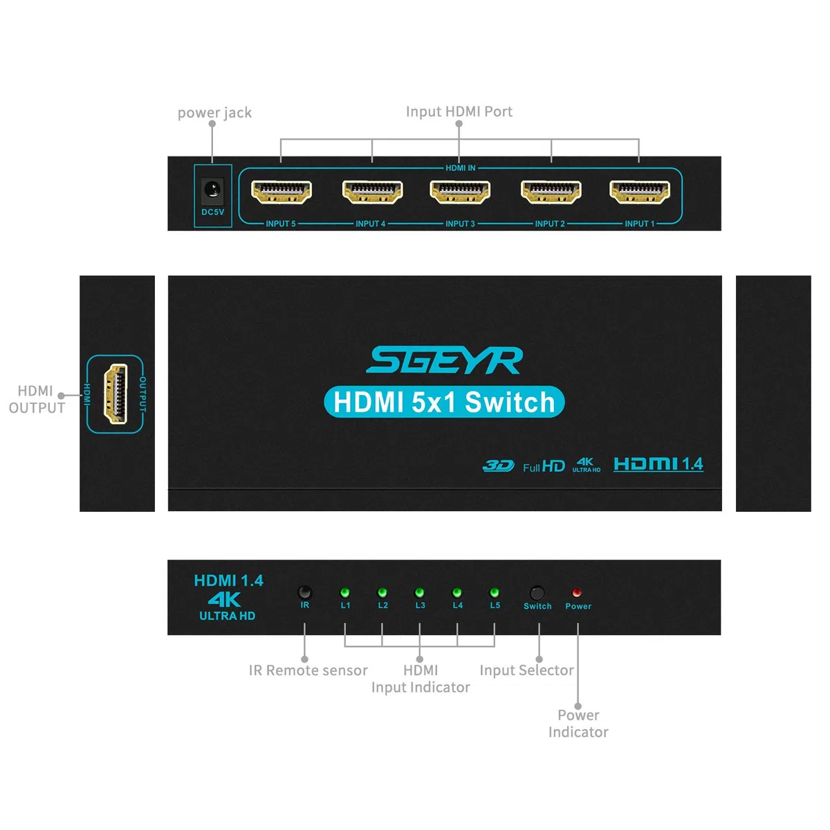 SGEYR Switch HDMI 5 in 1 Out Con Telecomando, Automatico 4K, Sdoppiatore Multi Porta per TV, Supporta 3D Full HD 1080P, per PS4, Xbox, DVD