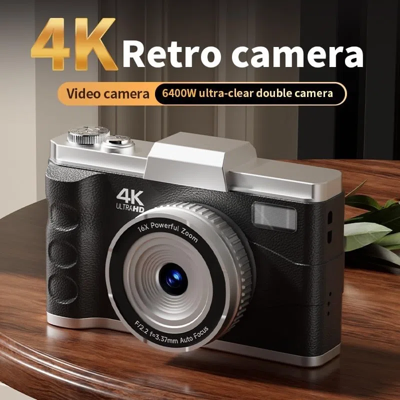Fotocamera digitale 4K HD, zoom 16x con messa a fuoco automatica con LCD da 3,0 pollici, controllo manuale, scheda TF, stile retrò per fotografia (nero)