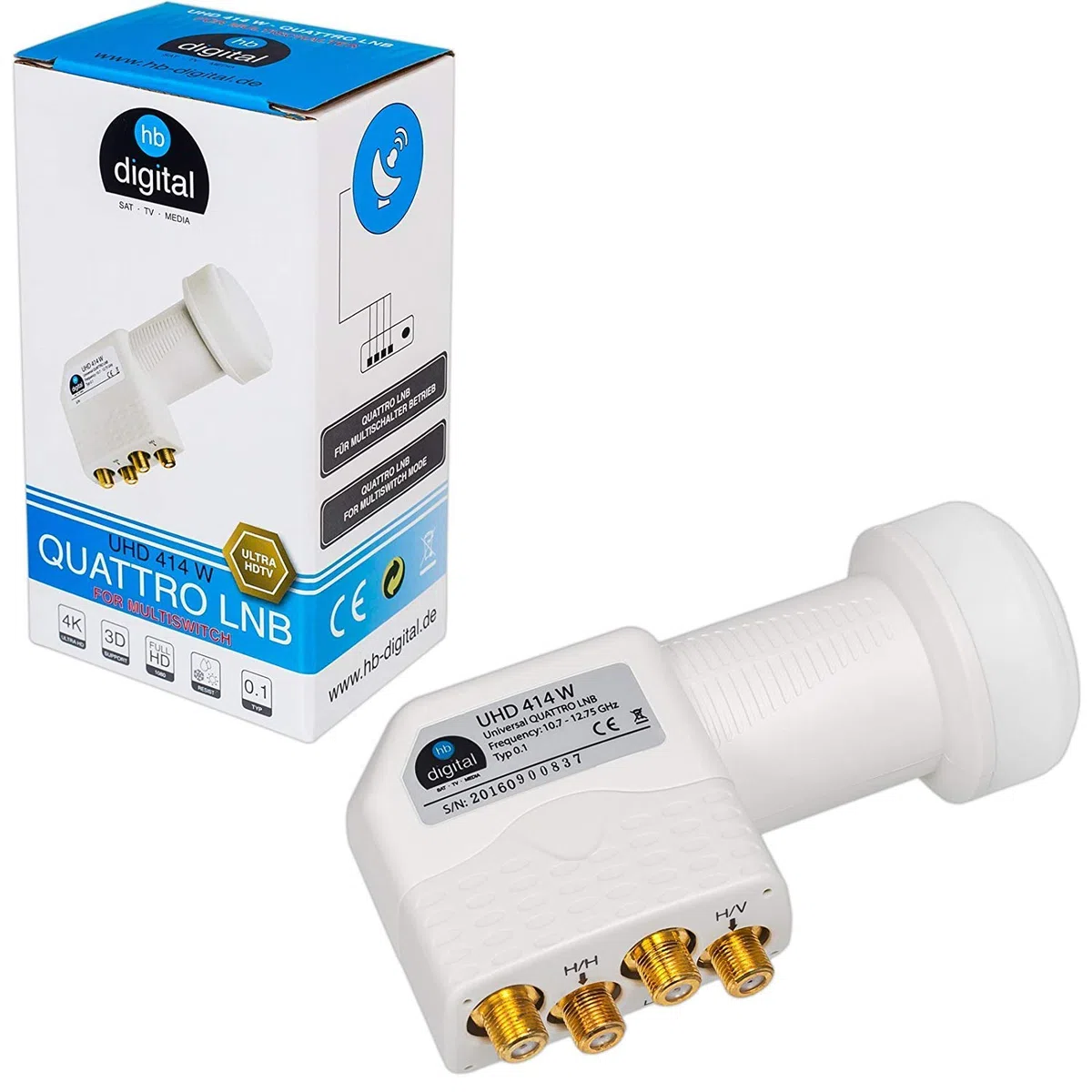HB-DIGITAL DVB-S/S2 Multiswitch 5/8 + Quattro LNB UHD 414 W bianco + 24 connettori F dorati | Multiswitch per 1 SAT, 8 partecipanti | Quad | incl. alimentatore di rete | MS58Q-HB | FullHD 4K UHD