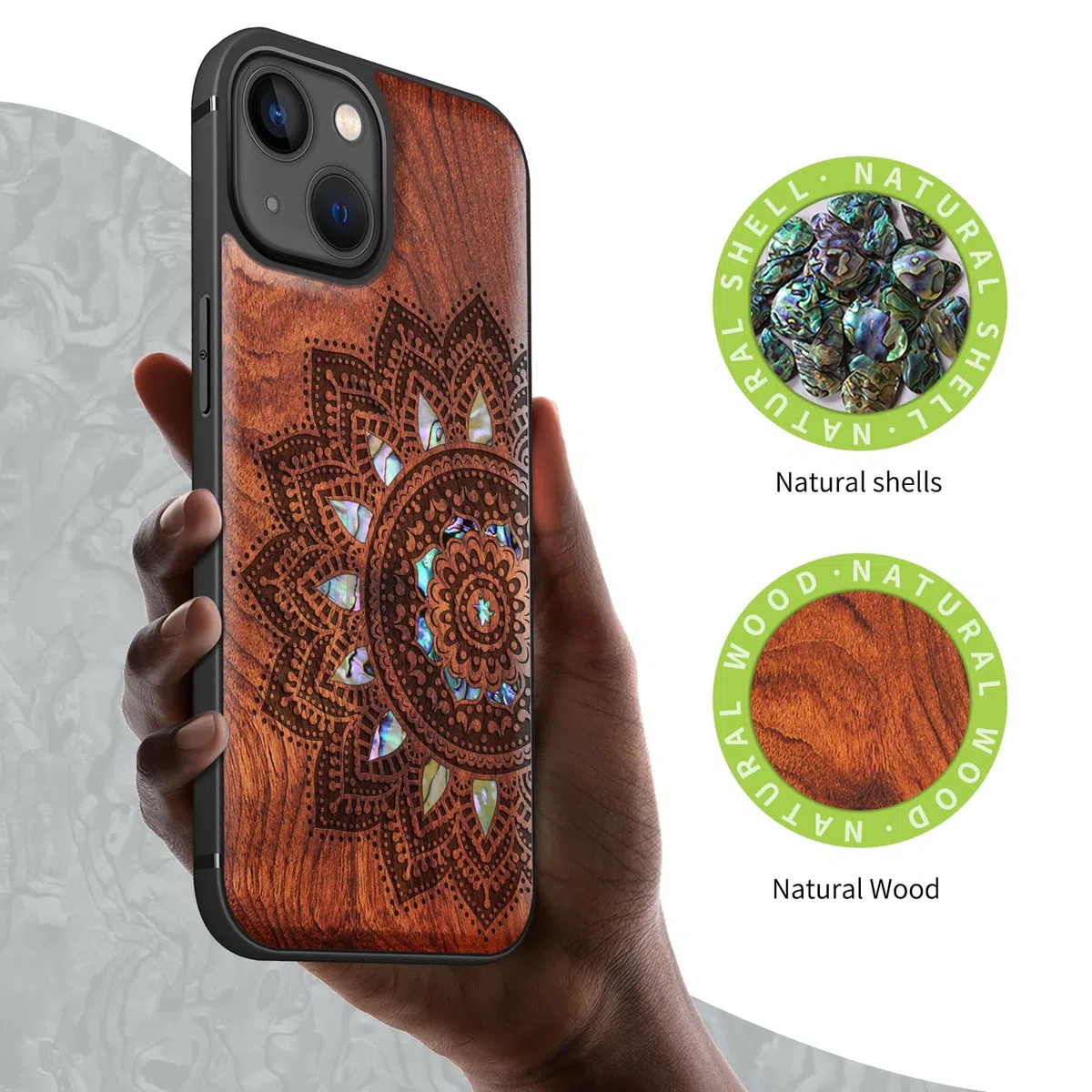 Carveit Custodia Compatibile con MagSafe per iPhone 13 Cover, Incisione in Legno e intarsio di cozze per Apple 13 Custodia Magnetico TPU Case (Rosea Legno-Arte del mandala)