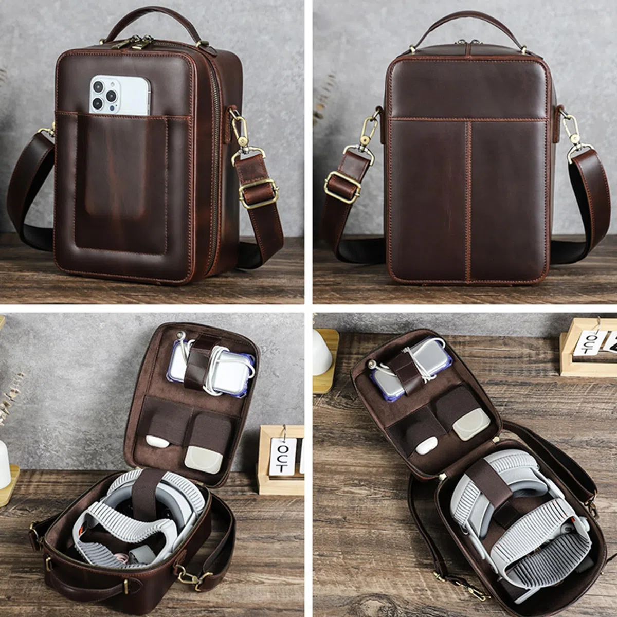 Custodia da viaggio impermeabile per cuffie con organizzazione intelligente e spaziose tasche eleganti in pelle marrone