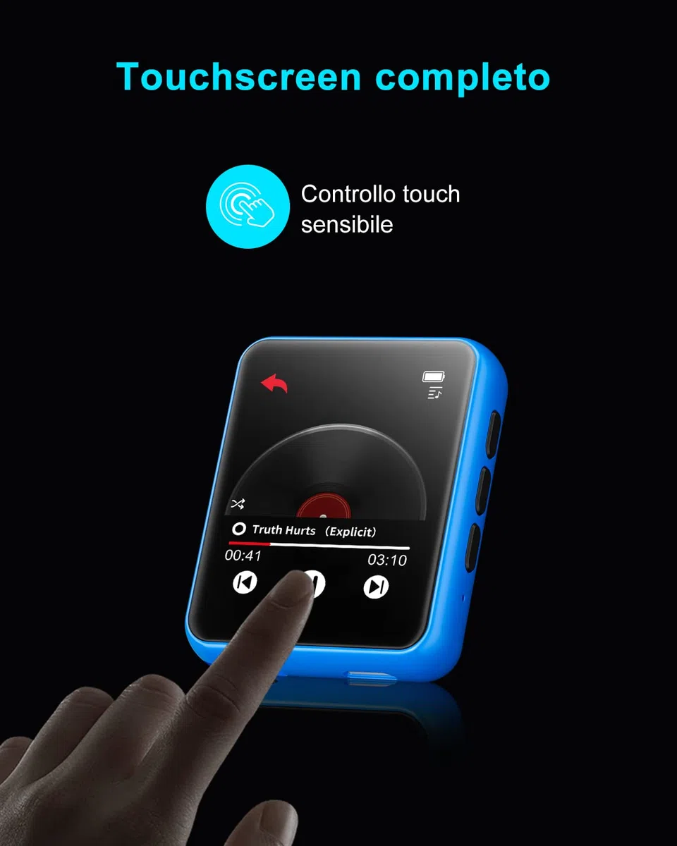 32GB Lettore MP3 con Bluetooth 5.0, Portatile Hi-Fi Sound Lettore di musica con Altoparlante, Line-in Registratore Vocale, Radio FM, e-book, Full Touch Schermo, Supporto fino a 128 GB di schede