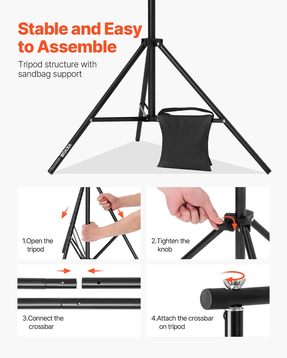 VEVOR Supporto per Fondale Fotografico Regolabile, Tessuto per Fondale 300 x 300 cm Supporto per Fondale Portatile con 2 Treppiedi, Supporto per Schermo per Fotografia di Prodotto Fotografia in Studio