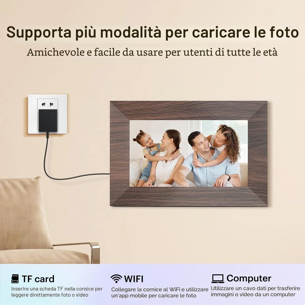 Cornice Digitale 7 Pollici, WiFi IPS Touchscreen Cornice Elettronica, Memoria Integrata da 32GB, BWJBSW Cornice Foto Digitale per Condividere Immagini, Video e Musica, Supporta Sveglia, Auto-Rotazione