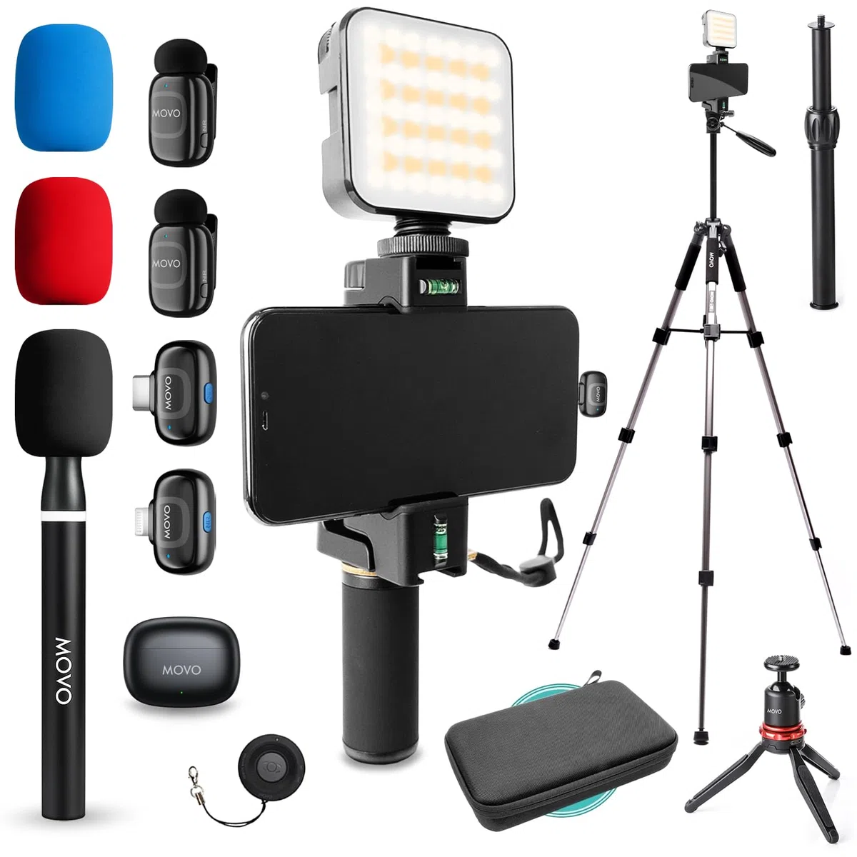 Movo iVlogger-PRO - Kit wireless per vlogging per iPhone/Android con treppiede full size, kit di base YouTube con microfono wireless, treppiede, luce LED per creatori di contenuti