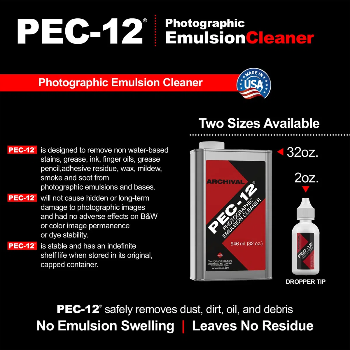 PEC-12 Photographic Emulsion Cleaner Kit and PEC-PAD Lint Free Non-Abrasive Wipes 4"x4" 100 Sheets per/Pkg - For Cleaning Film, Photo Negative, B&W Slide - Dropper Tip (59ml) 2oz