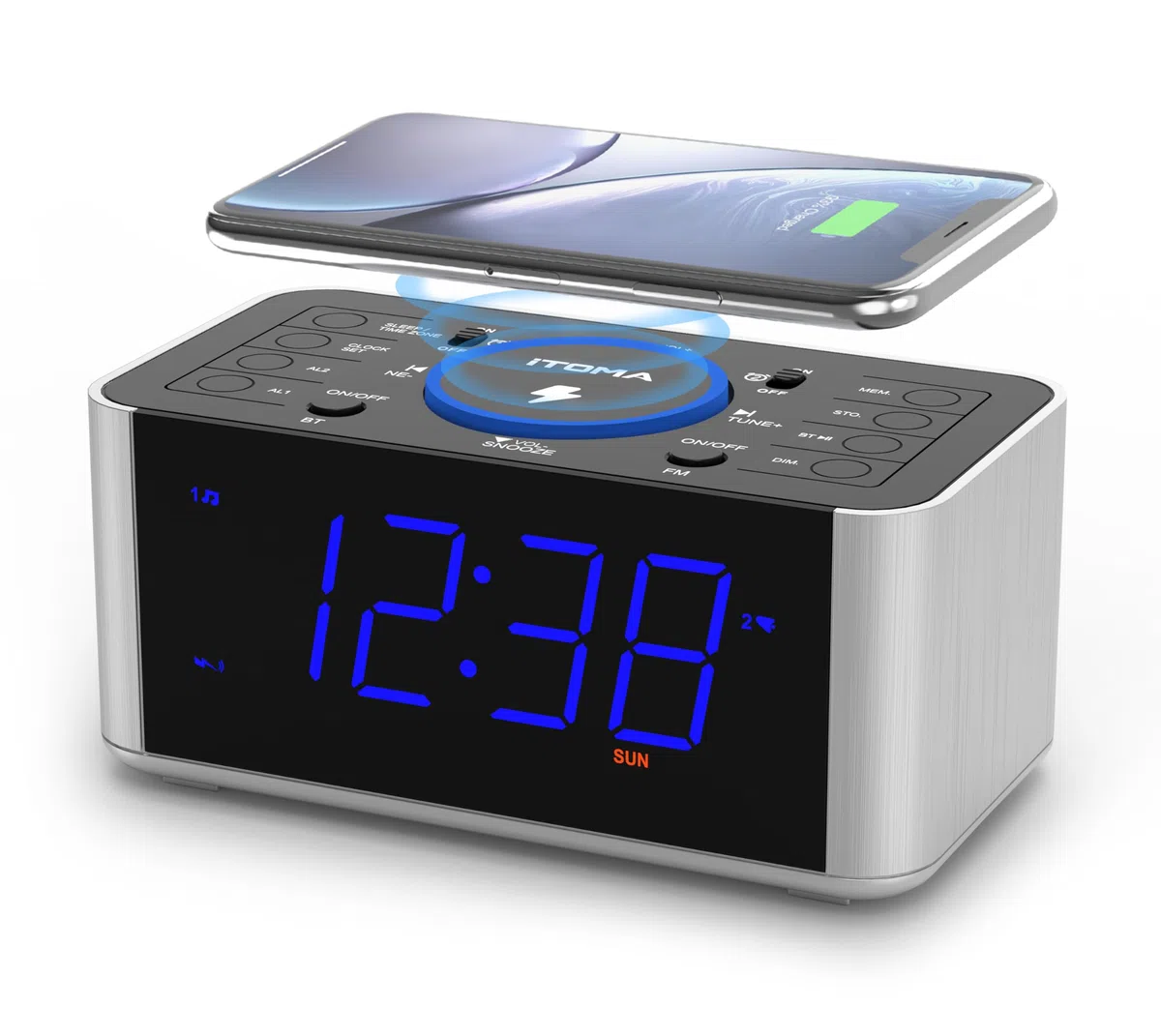 iTOMA Radiosveglia con ricarica wireless da 5 W, snooze, Bluetooth, doppia sveglia, display LED da 1,4'', dimmer, orologio con ricarica USB per comodino 206