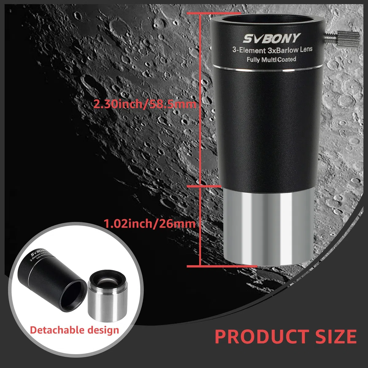 Svbony SV213 Barlow Lente, 3x Barlow 1.25inch FMC 3 Elementi in Metallo Accessori per Telescopio per Fotografia e Osservazione Planetaria