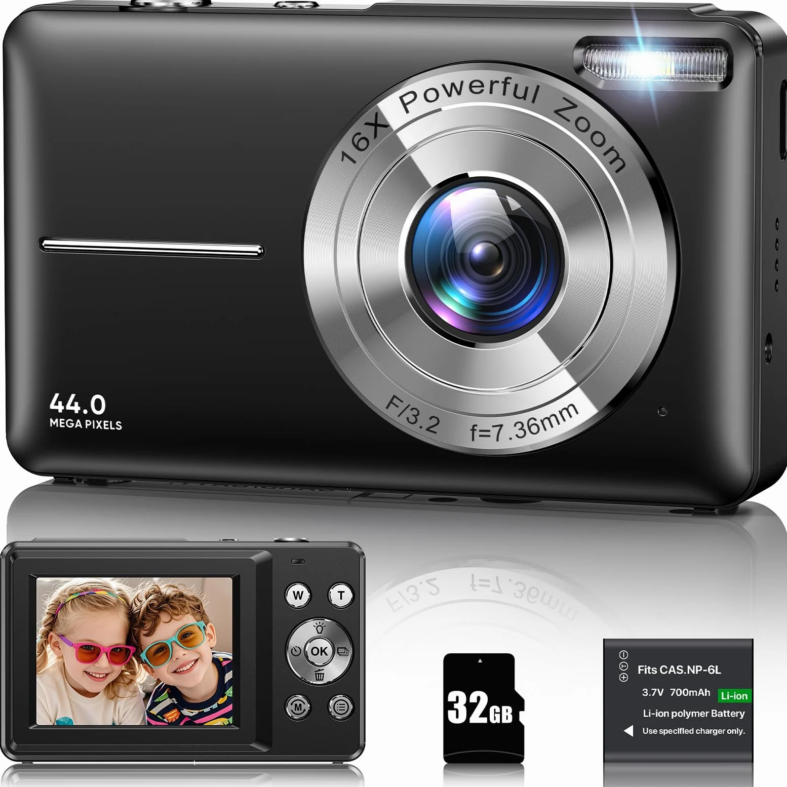 Macchina Fotocamera Digitale 1080P Fotocamera 44MP Fotocamera Digitale Compatta con Zoom Digitale 16X, Schermo LCD da 2,4", Scheda di Memoria da 32G, 1 Batteria per Bambini, Adolescenti, Principianti