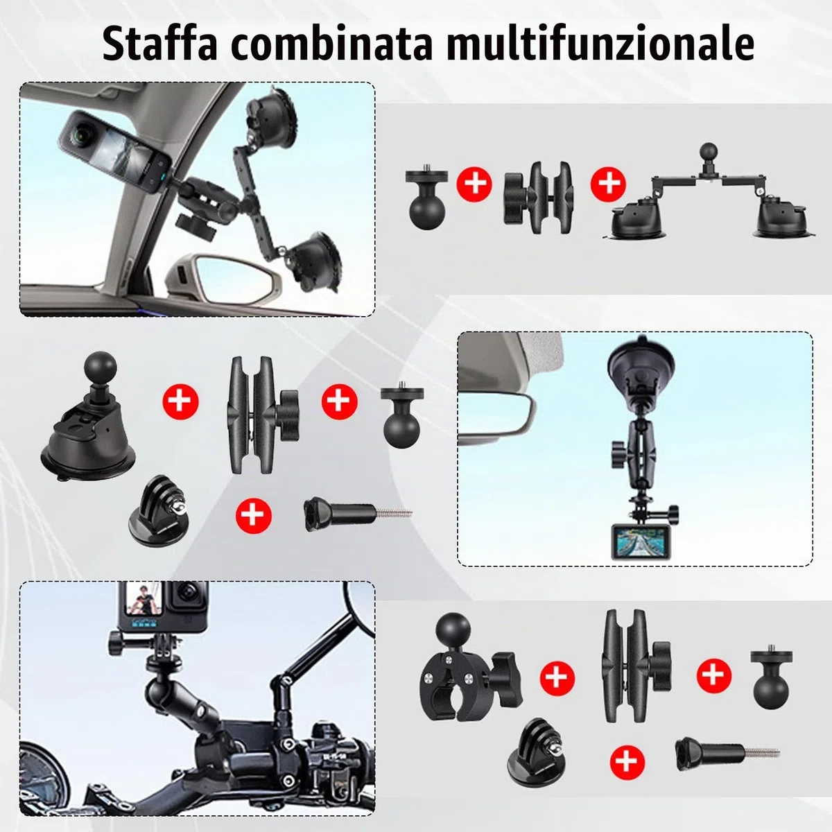 Set Di Supporto Per Auto Con Tripla Ventosa, Supporto Per Auto Con Tripla Ventosa E Morsetto Per Insta360 Gopro Akaso Action Camera Supporto Per Selfie Stick Retrattile Da 28-112 Cm Con Braccio Magico