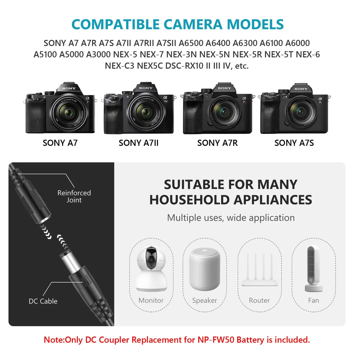 NEEWER DC Accoppiatore di ricambio per NP-FW50 Batteria Factice Adattatore di alimentazione con cavo USB compatibile con Sony A7 A7R A7S A7II A7RII A7SII A6500 A6400 A6300 A6100 A6000 NEX5 NEX7 ecc.