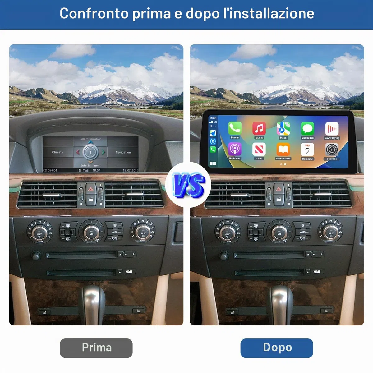 Road Top Autoradio CarPlay 12,3" per BMW Serie 5 E60 E61 con CCC 2003-2008 | Schermo Touchscreen ultrasottile Linux HD IPS, CarPlay senza fili, Android Auto, MirrorLink, Navigazione, Autoradio Bluetooth