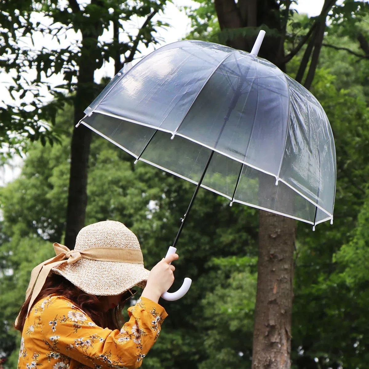 Ombrello Trasparente per Pioggia Adulto e Matrimonio - Apertura Automatica, Maniglia Gancio, Cupola a Campana 8 Costole, Bianco - Ideale per Foto