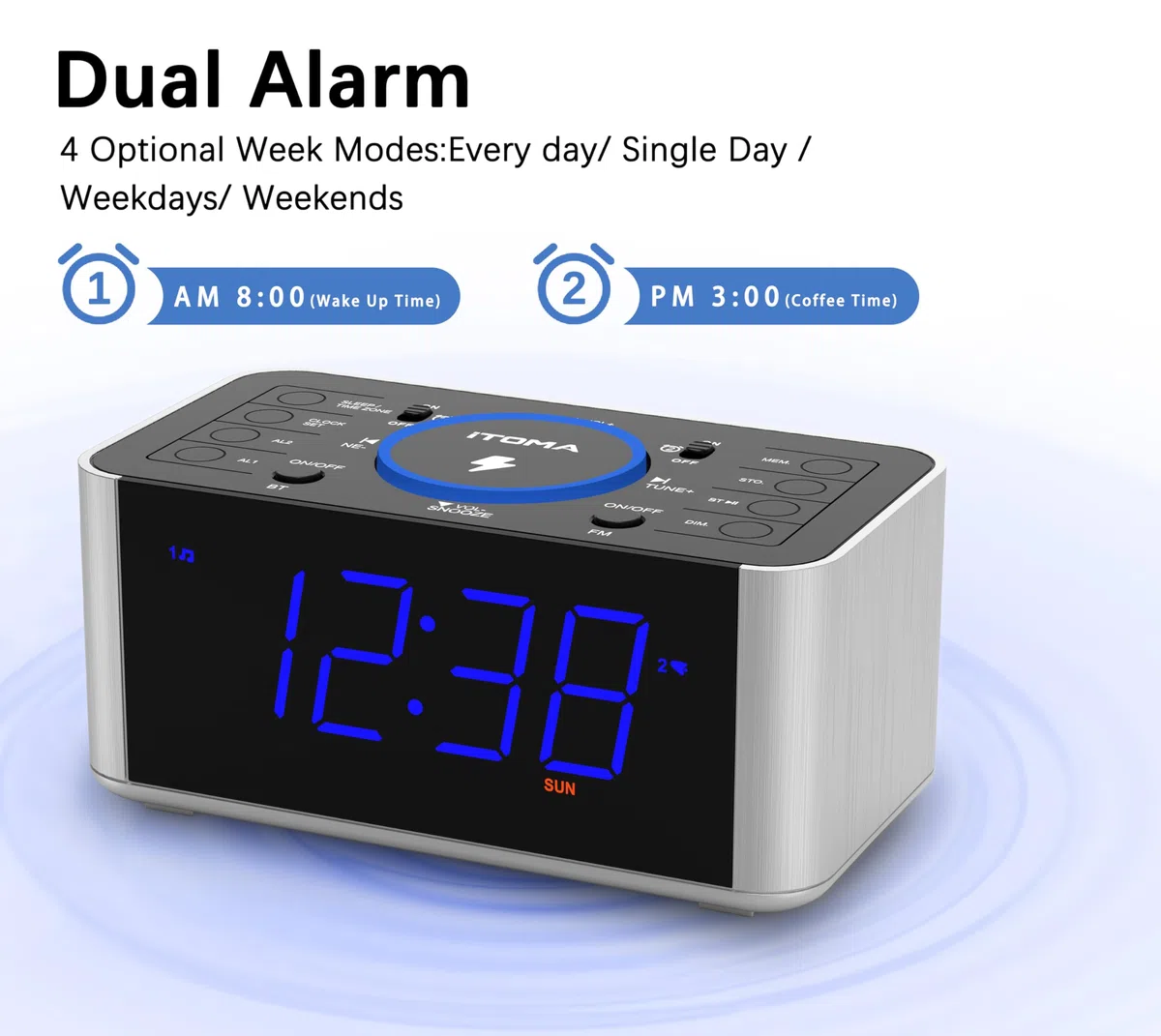 iTOMA Radiosveglia con ricarica wireless da 5 W, snooze, Bluetooth, doppia sveglia, display LED da 1,4'', dimmer, orologio con ricarica USB per comodino 206