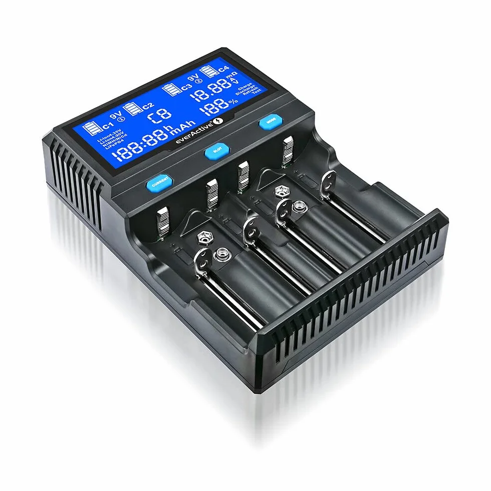 everActive Caricabatterie 4 cilindrici Li-Ion e NI-MH Professionale Veloce e Universale Display LCD Test di capacità Modello UC4200