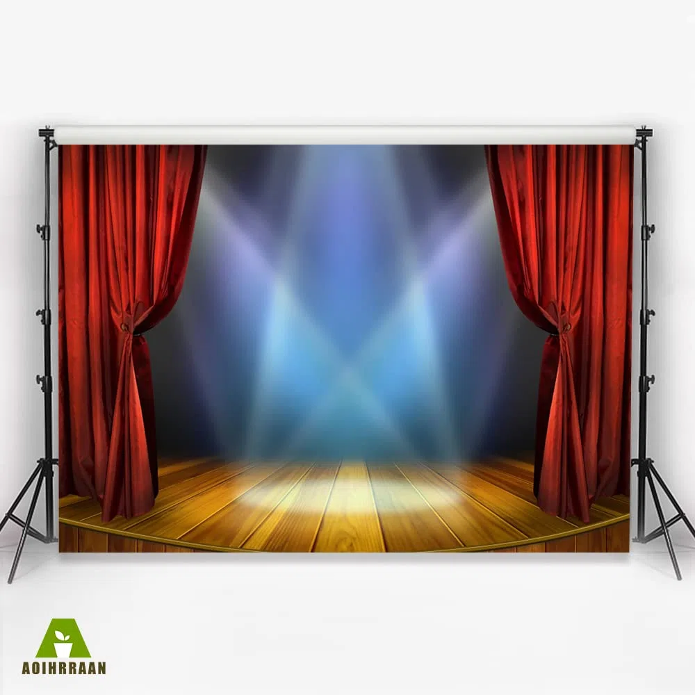 Aoihrraan 3x2,5m Teatro Palco Fondale Rosso Tende Rustico Legno Piano Faretti Fotografia Sfondo Talento Performance Spettacolo Premio Cerimonia Festival Celebrazione Banner Foto Studio Prop