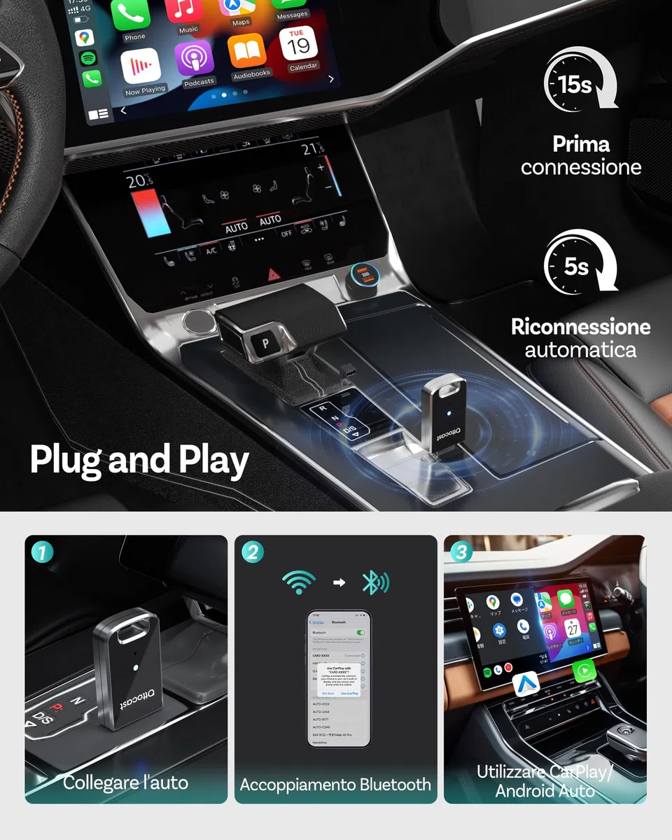 OTTOCAST Edizione 2026 Adattatore wireless per CarPlay & Android Auto, convertitore 2 in 1 da cablato a wireless, Plug & Play, riconnessione automatica, configurazione facile, ultra compatto