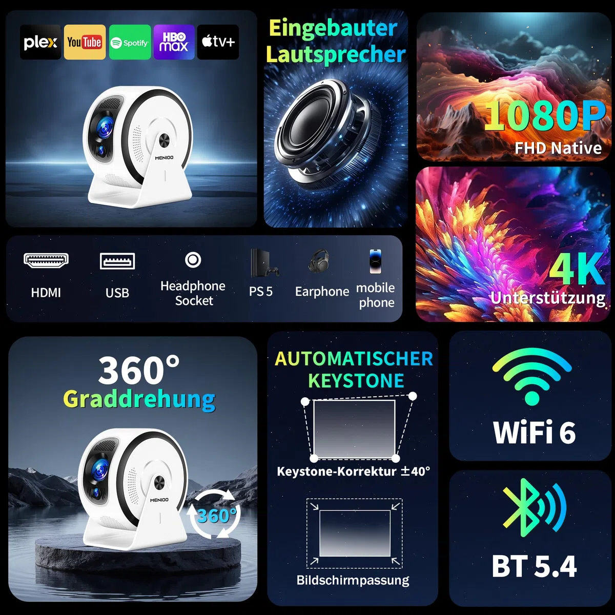 Mini proiettore [app integrate] Proiettore 4K 1080P, 2026 aggiornato Auto Focus & Auto Keystone 360 ° Proiettore portatile con WiFi 6 e Bluetooth 5.4 compatibile con HDMI/TV Stick/USB/laptop, bianco