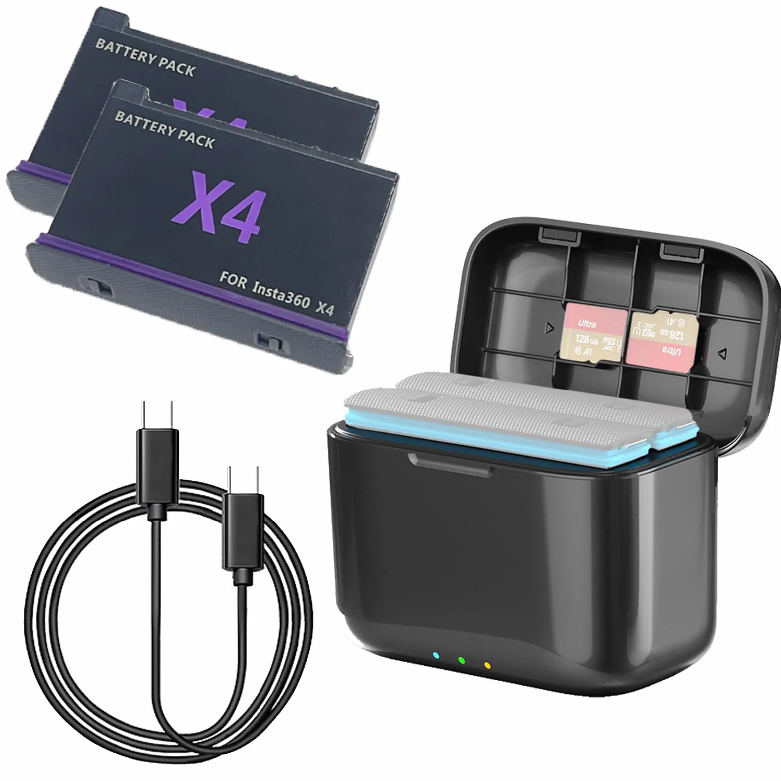 Doppio caricabatterie + 2 batterie 2380 mAh per Insta360 X4 Smart Caricabatterie rapido cavo USB tipo C PD3.0 PD2.0 - Organizer per schede SD coperchio magnetico stazione di ricarica