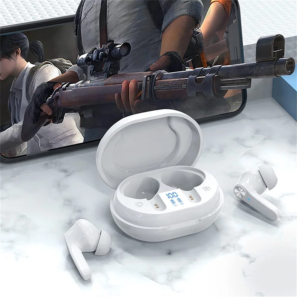 Cuffie Wireless Auricolari Bluetooth, Microfono Integrato, IPX5 Impermeabile, Suono Stereo HiFi, con Custodia in Carica, per Lavoro, Home Office,Bianca
