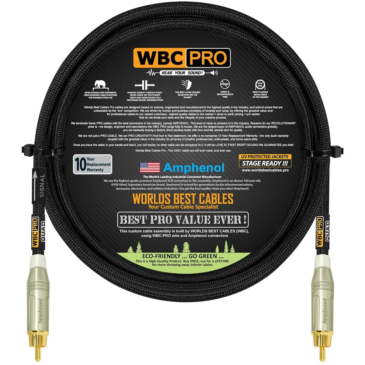 Cavo per subwoofer WBC-PRO-Quad ultra silenzioso, ultra flessibile, canale centrale Star-Quad, con Amphenol ACPR-SWH pressofuso, connettori RCA placcati oro e rivestimento in tweed nero, design