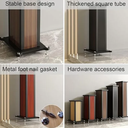 Coppia di supporti universali per altoparlanti per audio surround regolabili per libreria audio per home theater, robusta base centrale riempita di sabbia, finitura in noce, altezza 59,9 cm