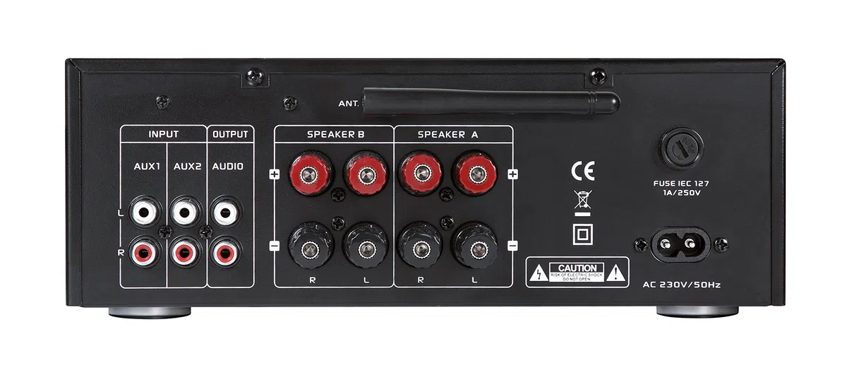 Dynavox VT-80 amplificatore stereo compatto, terminali di connessione a vite per 4 altoparlanti, telecomando solo per ingressi digitali (USB, scheda SD), antenna BT integrata, nero