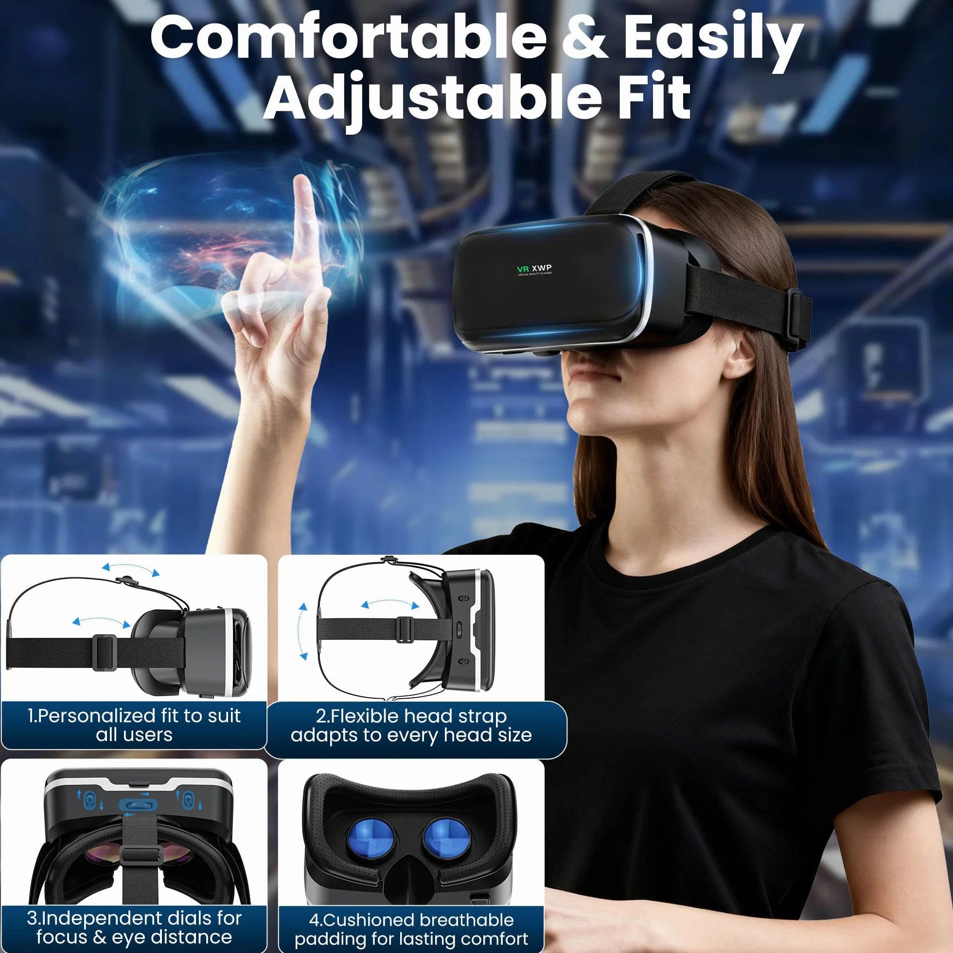 XWP Visore Realtà Virtuale Con Lenti HD Anti Luce Blu, Occhiali VR 3D Per Smartphone, Compatibile Con iPhone E Android (4,7–6,8"), Per Giochi VR E Film, Regalo Di Compleanno Per Amici E Famiglia