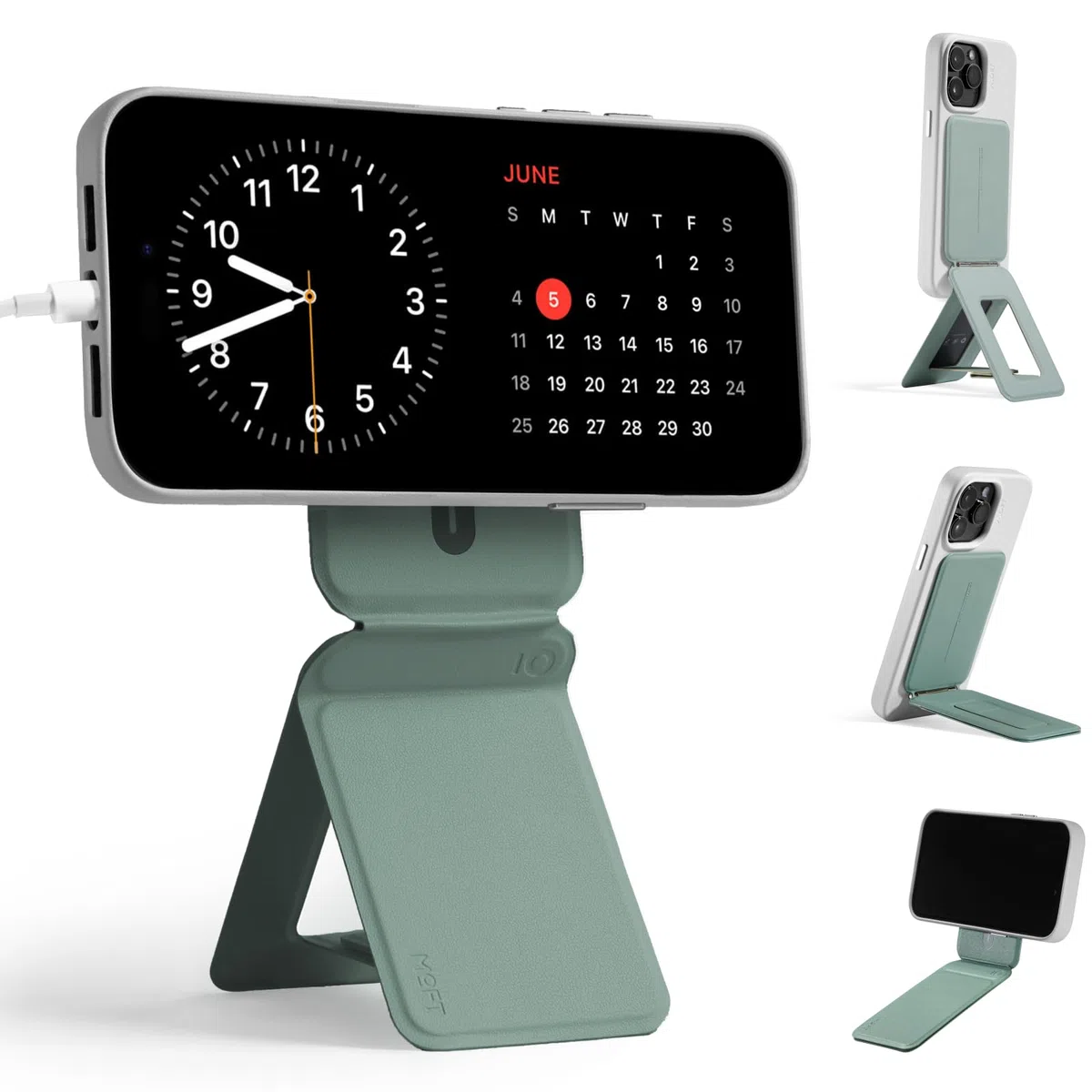 MOFT Treppiede Smartphone per iPhone Serie 16/15/14/13, Universale Invisibile Treppiede Supporto per Telefono con 3 Modalità per Self-Vlogging, Sfogliare, Macrofotografia, Videochiamata, Verde Lago