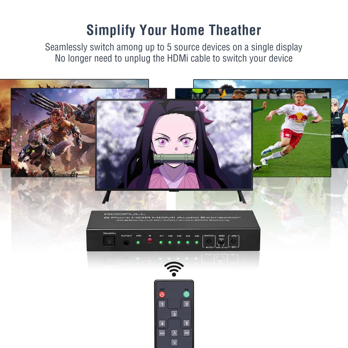 ROOFULL Commutatore HDMI 4K a 5 porte con uscita audio ottica e AUX da 3,5 mm, uscita 5 in 1 4K a 60 Hz, estrattore audio HDMI 2.0 con telecomando, supporto ARC, HDR 10, HDCP 2.2, 18 Gbps, Dolby