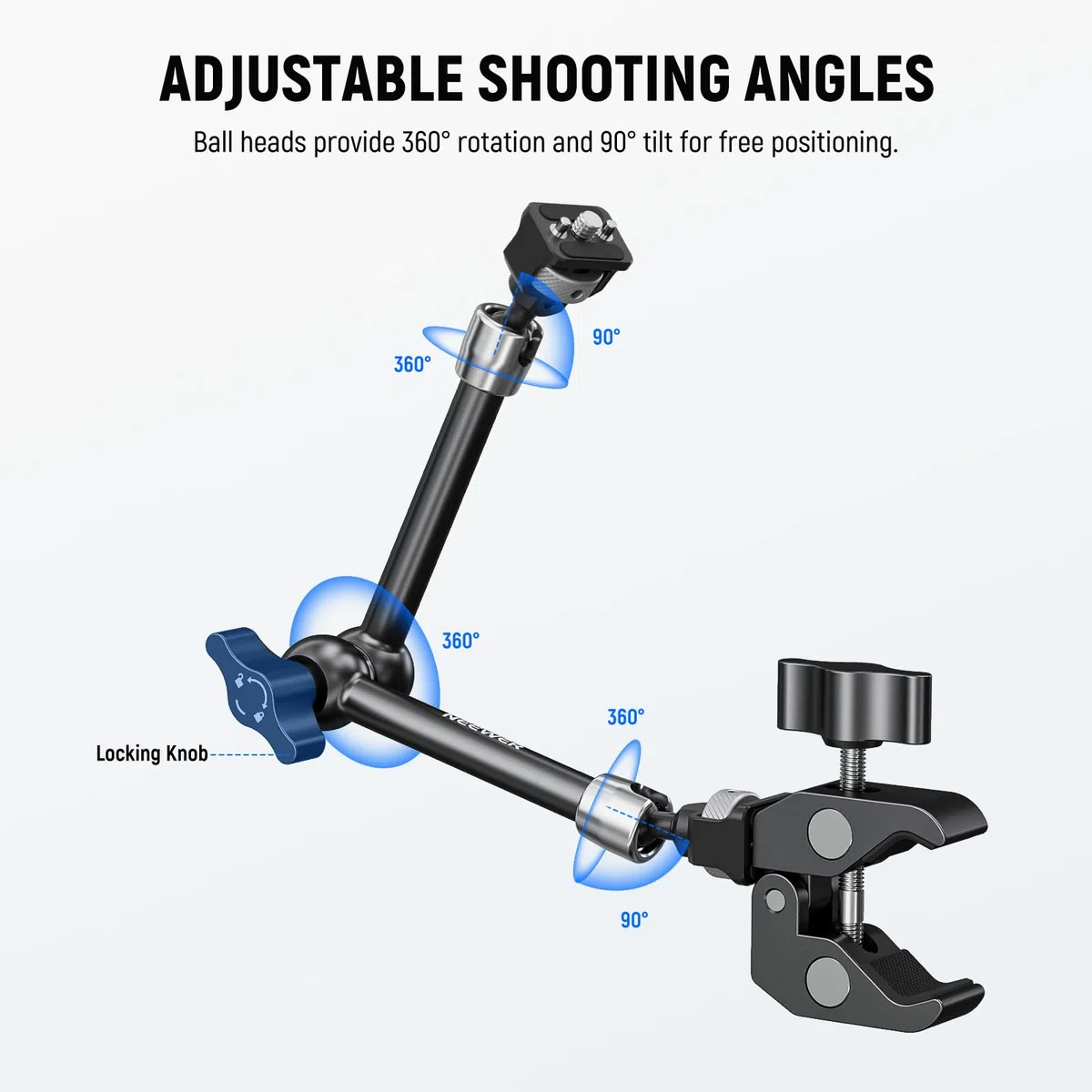 NEEWER Braccio Magico Articolato 11" e Super Clamp, Supporto per Monitor Fotocamera con Fori/Perni di Posizionamento ARRI 1/4" 3/8" per DSLR Action Cam Luce Video, Compatibile con SmallRig Cage,ST16C
