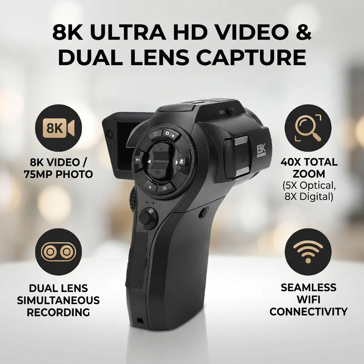 Tangxi Videocamera 8K, Videoregistratore HD da 75 MP Videocamere per WiFi con Schermo Ruotabile a Doppia Lente, Zoom Digitale 8X e Ottico 5X, per la Fotografia