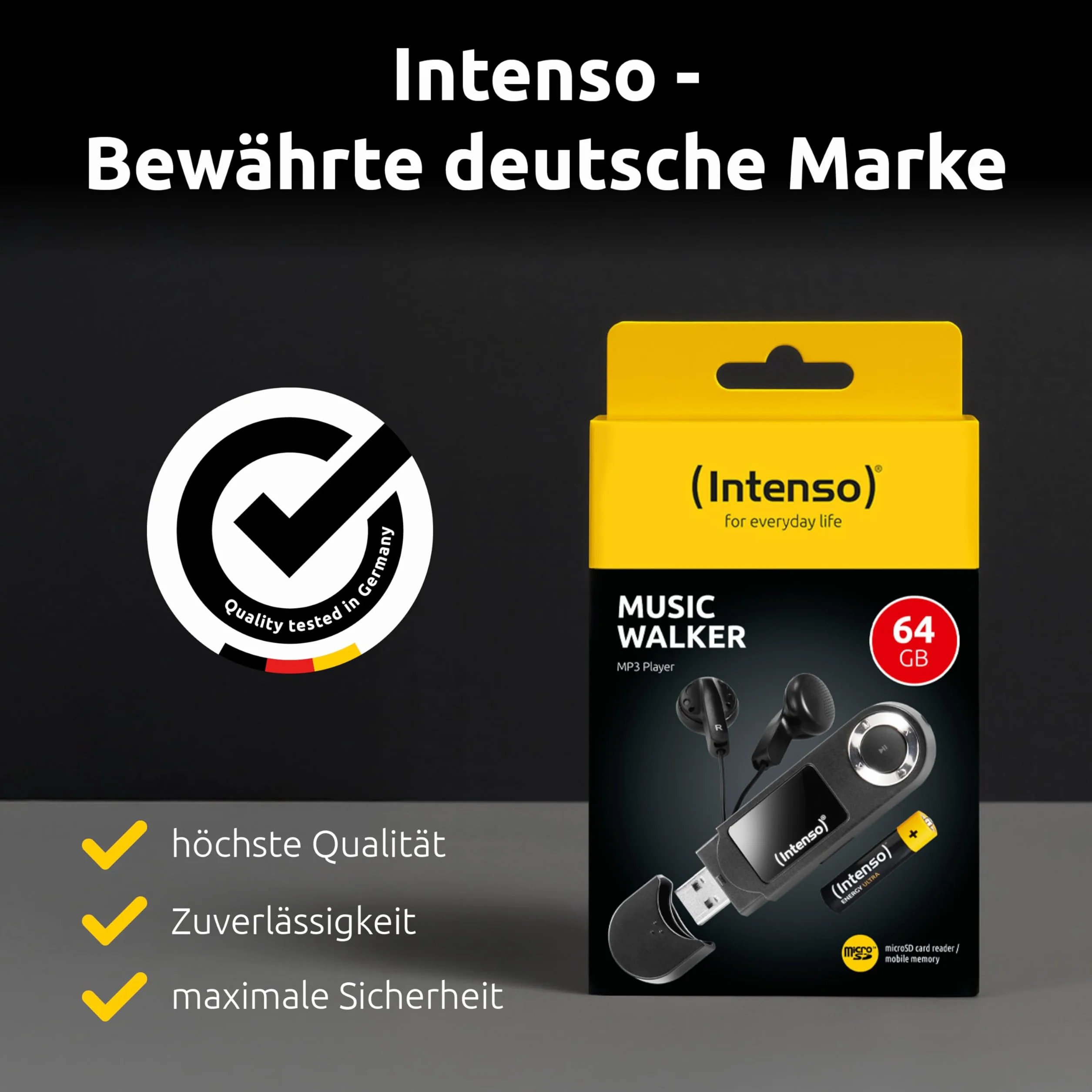 Intenso Music Walker MP3 Player 64 GB con display LCD, scheda microSD, USB 2.0, batteria AAA, cuffie, nero