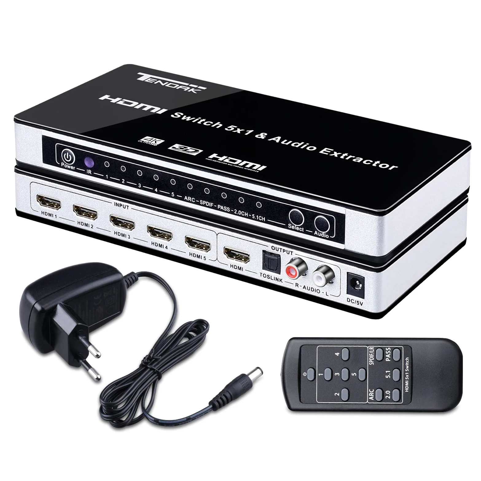 Tendak Switch HDMI 4K 5 su 1 con SPDIF e L/R Audio Extractor, Telecomando, Supporta Arc HDMI 1,4