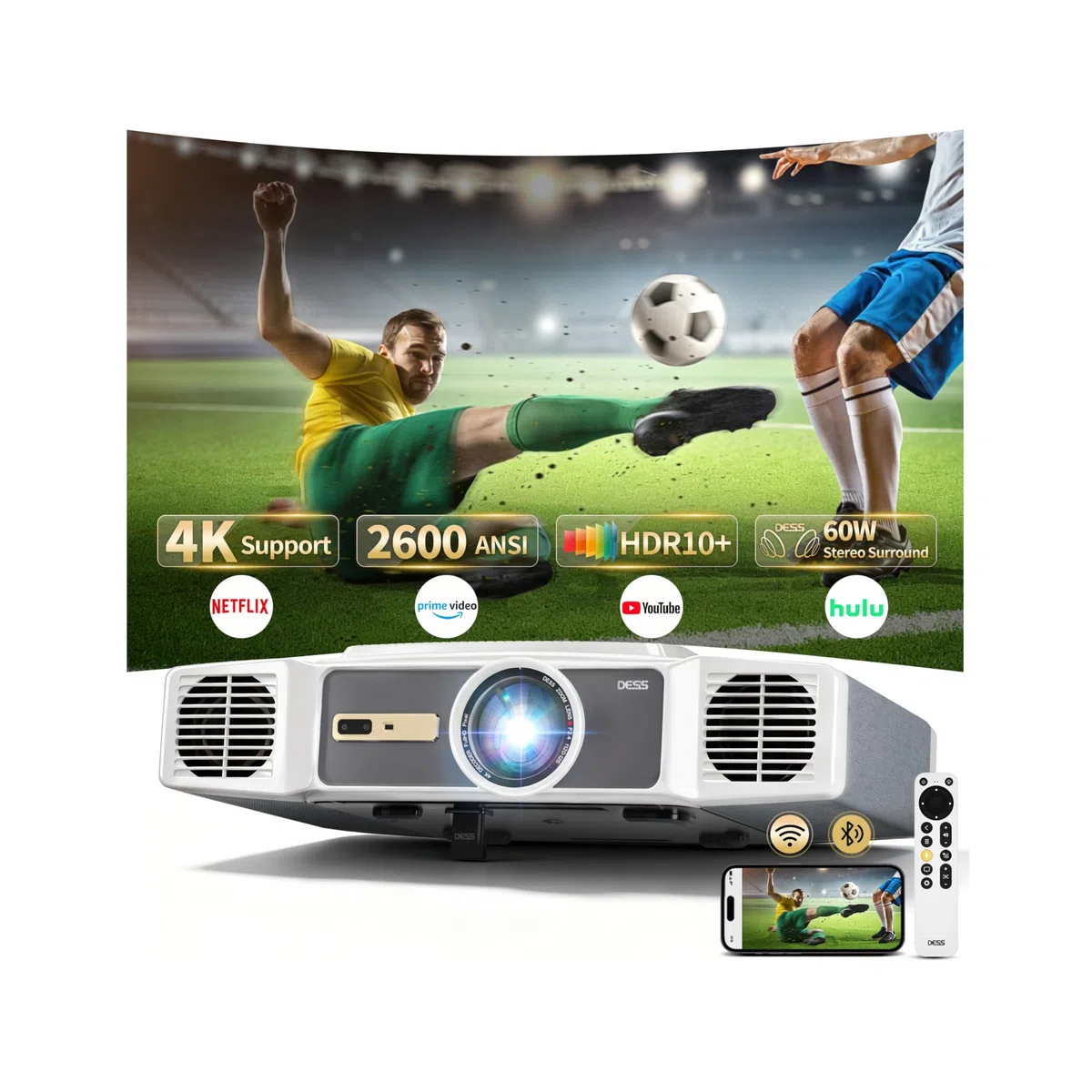 Proiettore Smart 4K, 2500 ANSI per esterni da giardino, camera e home theater. 1080P nativo con staffa elettrica nascosta, autofocus keystone, WiFi 6 Bluetooth, 300" IMAX Enhanced.