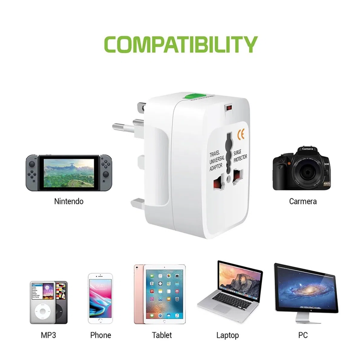 Adattatore universale AU/US/UK/EU con 2 porte USB-C | Adattatore da viaggio con prese AU/US/UK/EU. Include 2 porte USB-C. Certificato CE.(Black 2USB)