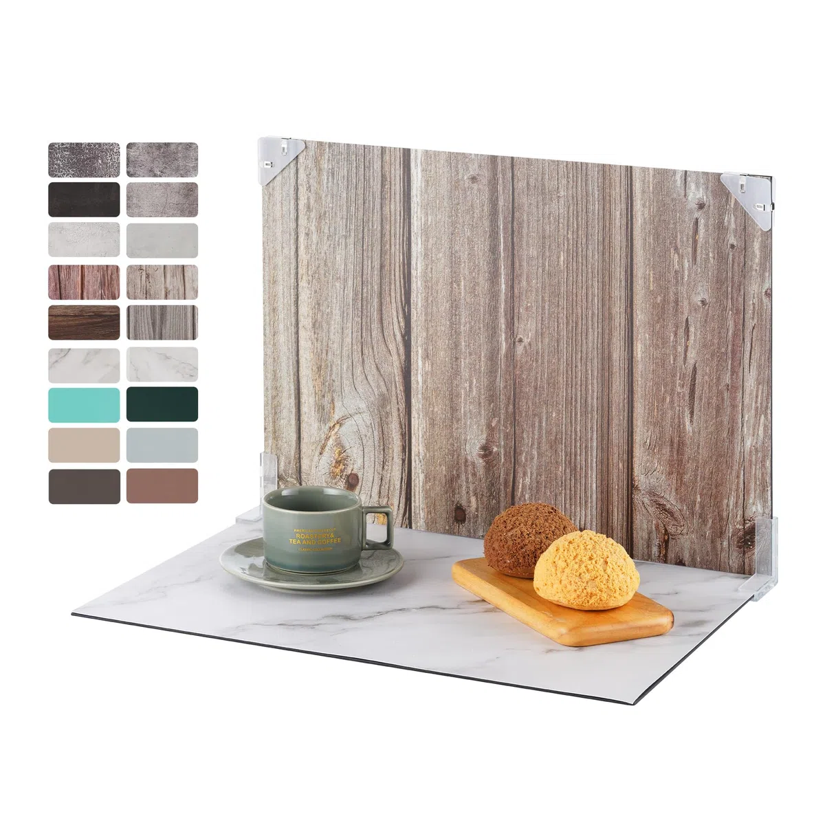 Kit Fondale Fotografico 30x40 cm per Fotografia di Piccoli Prodotti, Cartone Riflettente e 9 Pezzi di Carta Fronte-retro con 18 Modelli per Alimenti, Gioielli, Cosmetici