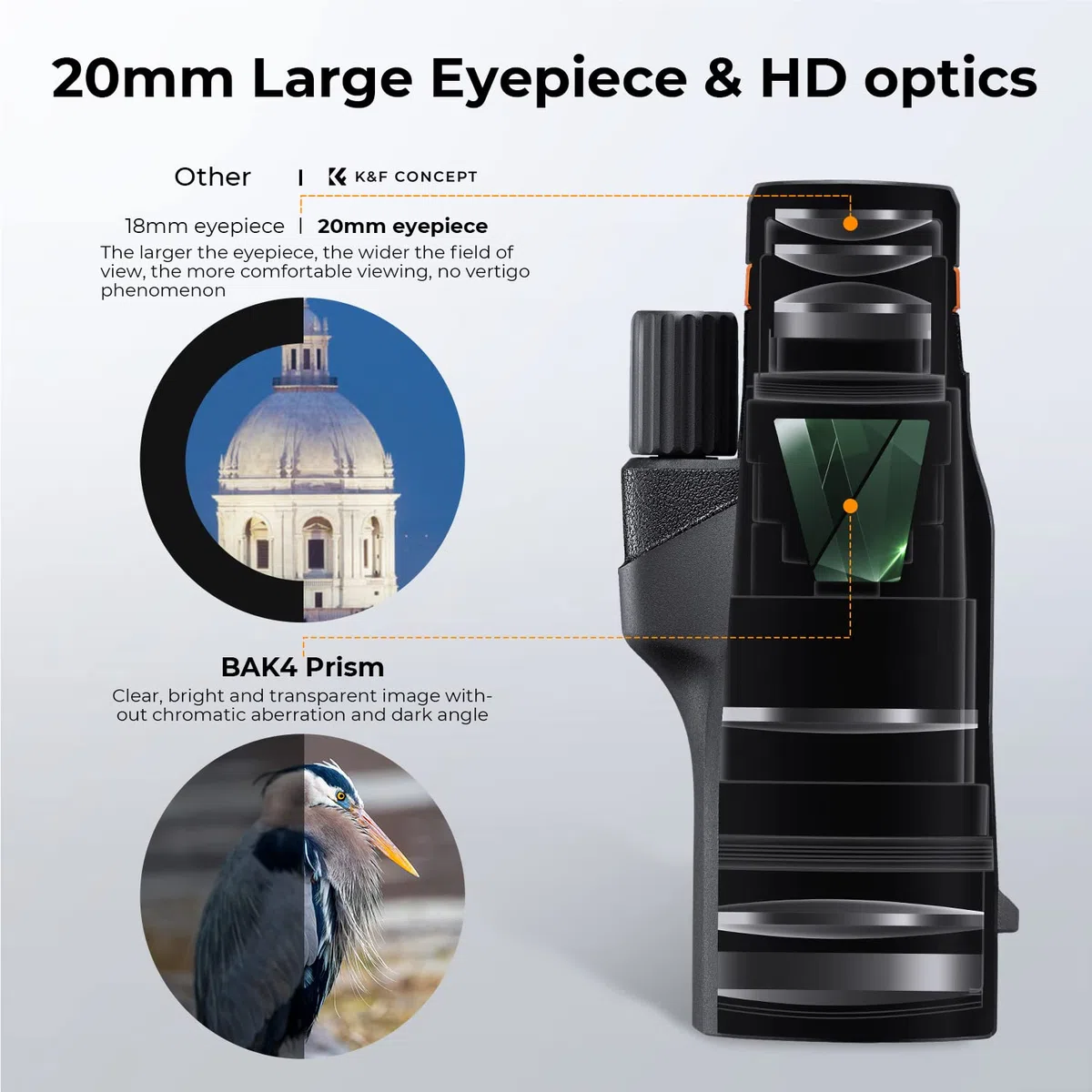 K&F CONCEPT Telescopio Monoculare 12 * 50, HD BAK4, Monocolo Portatile Impermeabile IP66 con Interfaccia Arca, Canocchiale Monoculare per Bird Watching, Caccia, Viaggio, Concerto, Nero
