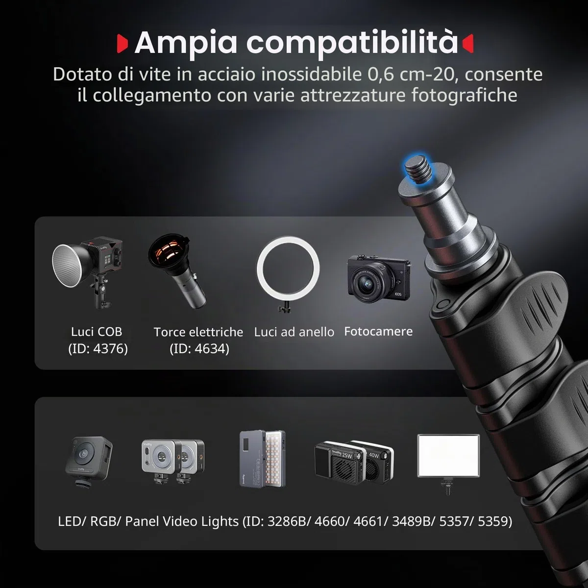 SMALLRIG Supporto per Luci da 74,8"/190 cm, Treppiede Compatto per Torce, Luce ad Anello, Luci Video LED/RGB, Luce COB, Supporto per Illuminazione Pieghevole e Regolabile, Dimensioni 16,9"/43 cm -5475