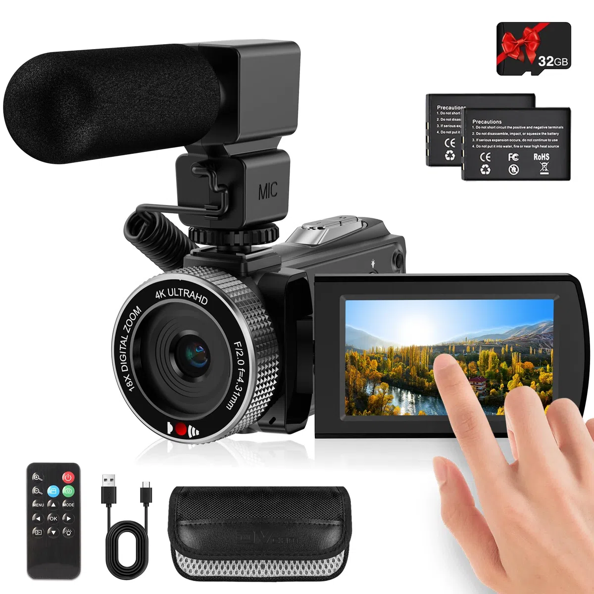 Videocamera con microfono HD 4K Videoregistratore Videocamera Vlogging per YouTube Videocamera per riprese con schermo touch da 3 pollici, zoom digitale 18X e scheda SD 32G