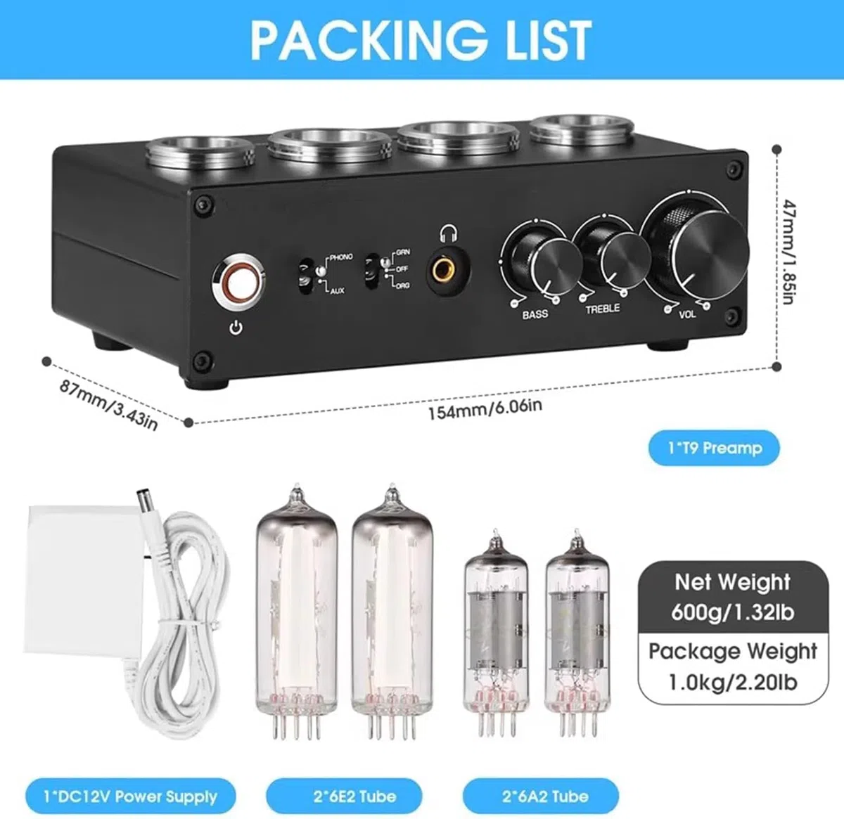 Phono Preamplificatore Vacuum Tube con controllo del guadagno e manopola del volume per giradischi MM, stereo RCA/3,5 mm per sistemi audio domestici